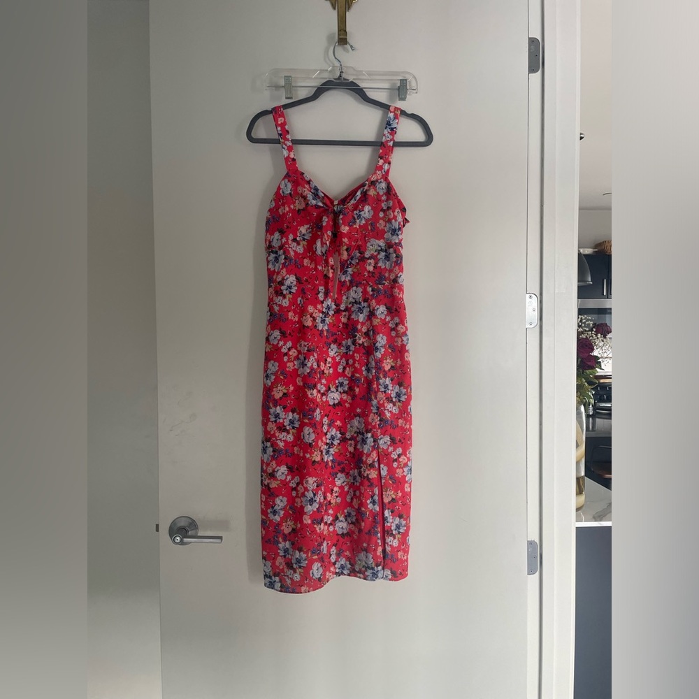 Hot Pink BCBG Tie Front Midi Strapless Floral Dress